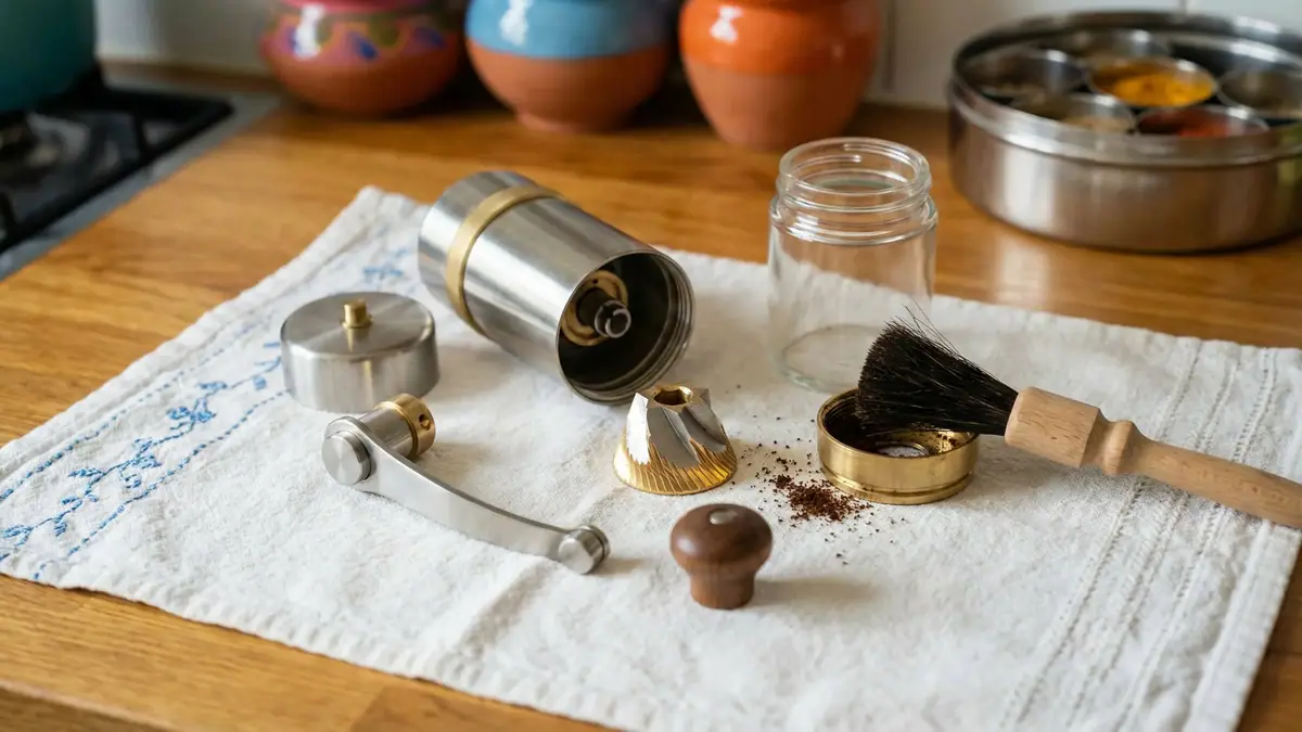 Clean coffee brushes, folded towels, and small tools arranged beside a mug and grinder on a tidy kitchen counter