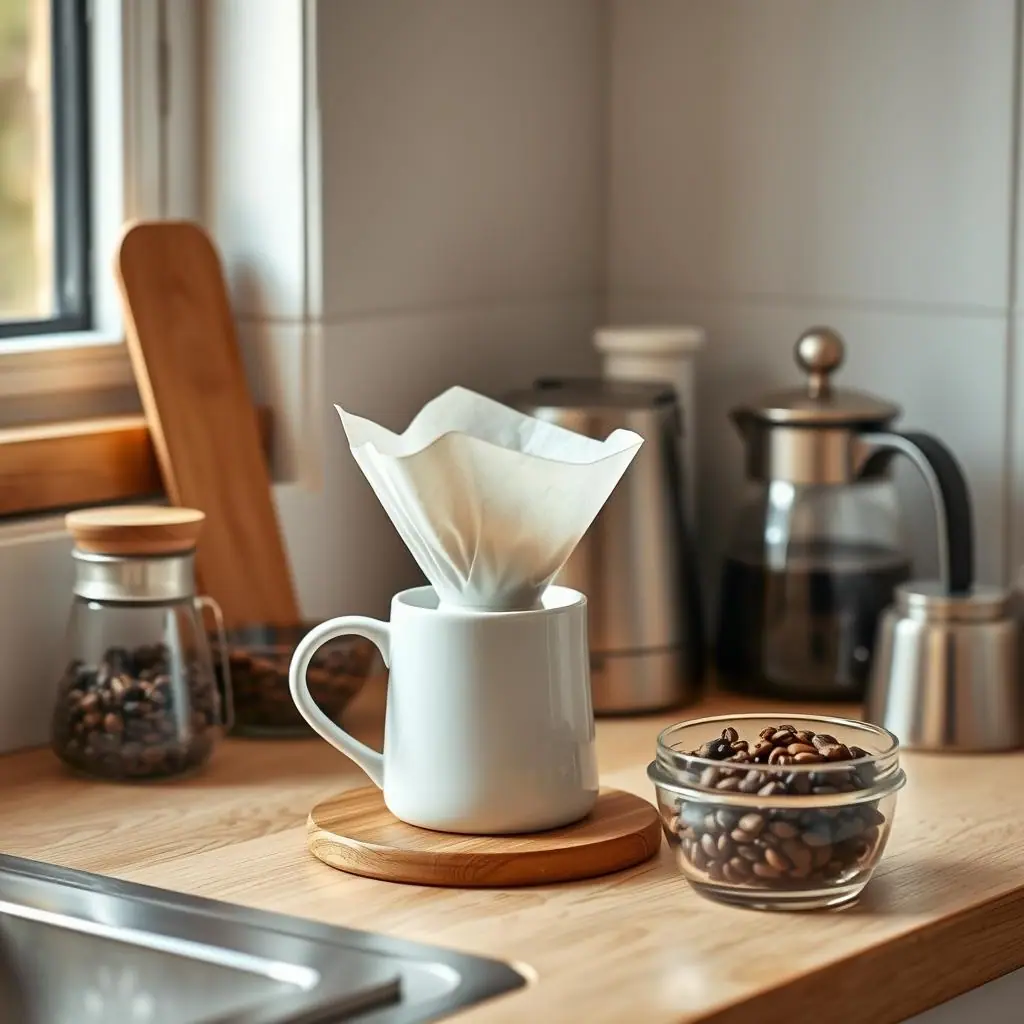 Illustrated coffee setup with a mug, brewer, beans, and simple tasting notes on a clean kitchen counter without text